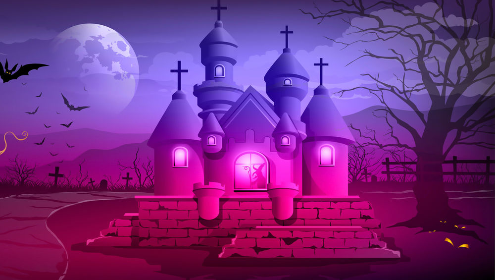 Обои для рабочего стола Православная каменная церковь с крестами на куполах, со светом в окнах, с силуэтом колдуньи в окне, с кладбищем на заднем дворе, с летающими летучими мышами, в ночь на Хэллоуин