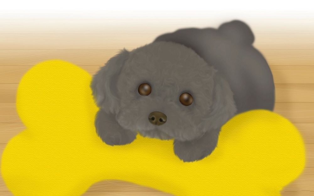 Обои для рабочего стола Игрушечный щенок лежит на желтой игрушечной косточке