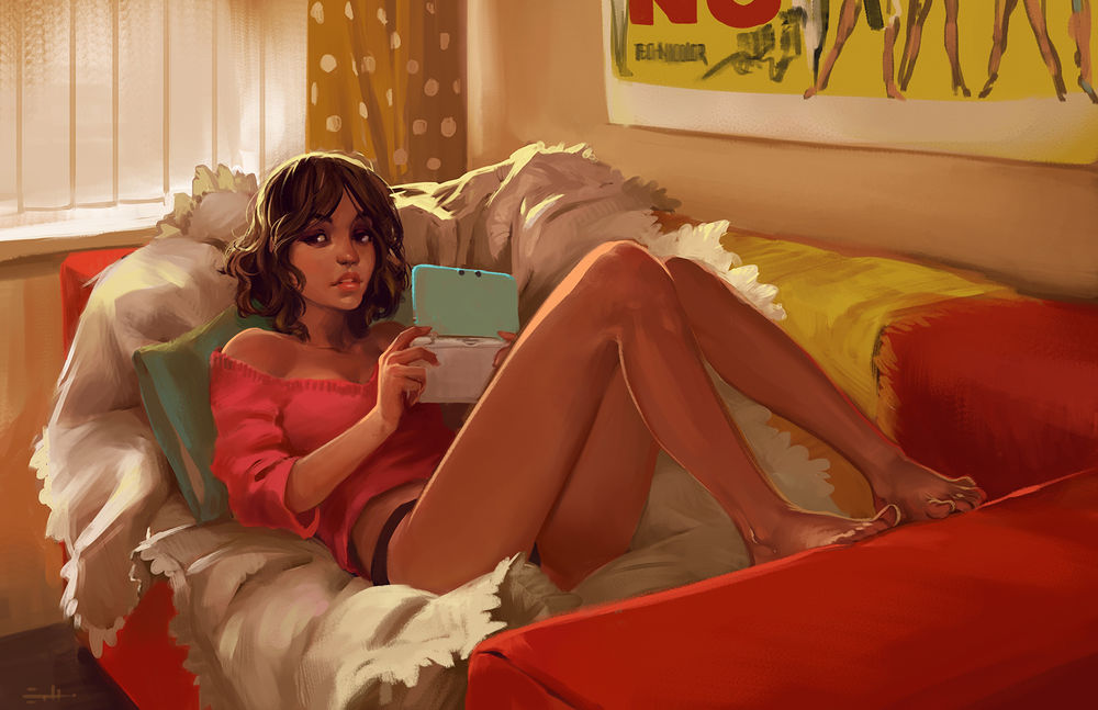 Обои для рабочего стола Девушка сидит на диване, art by sketcheth