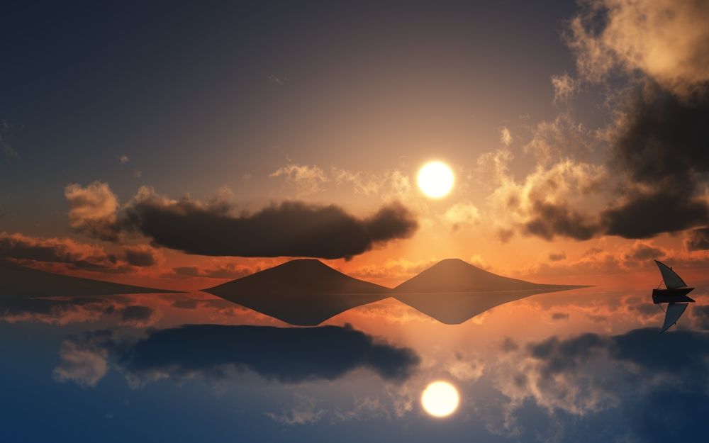 Обои для рабочего стола Парусник, плывущий по зеркальной глади горного озера на фоне солнечного диска на вечернем небосклоне