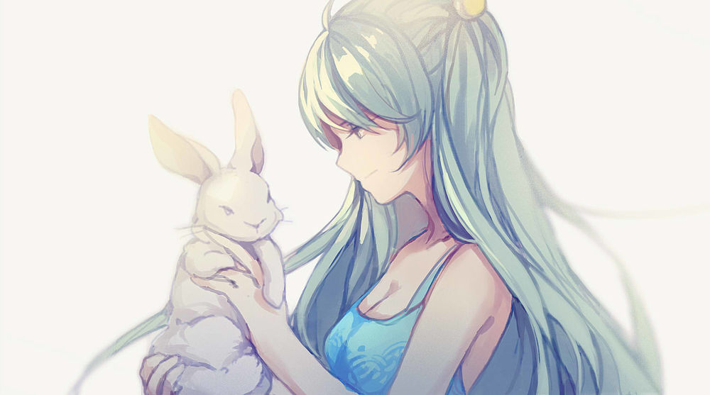Обои для рабочего стола Vocaloid Hatsune Miku / Вокалоид Хатсуне Мику держит на руках белого кролика