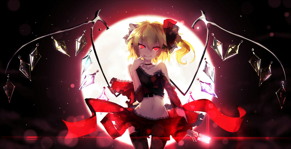 Обои для рабочего стола Flandre Scarlet / Фландре Скарлет на фоне полной луны, персонаж из серии компьютерных игр Touhou Project / «Проект «Восток»», art by Bai Yemeng