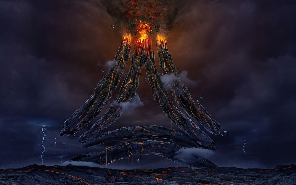 Обои для рабочего стола Несколько фантастических извергающихся вулканов, с нависшими над ними грозовыми тучами и молниями