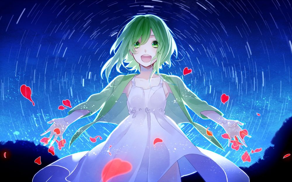 Обои для рабочего стола Vocaloid Gumi Megpoid / Вокалоид Гуми Мегпоид окруженная красными лепестками