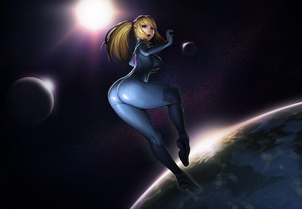 Обои для рабочего стола Девушка в темно-синем латексе бежит в космосе по круглой поверхности планеты, арт