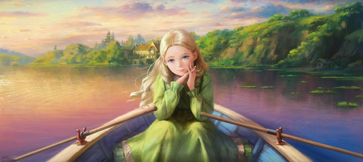 Обои на рабочий стол Marnie / Марни сидя в лодке посреди пруда пристально смотрит вперед, за ее спиной виден зеленый холм и старый особняк, персонаж из аниме Omoide no Marnie / Воспоминания Марни, art by Nababa