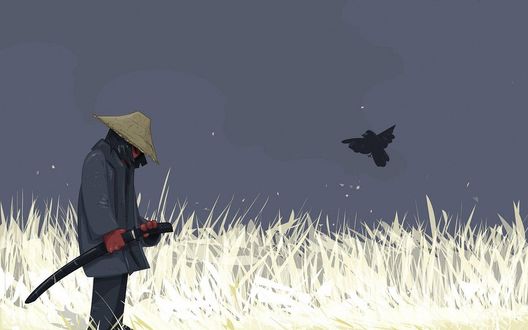 Обои на рабочий стол Самурай с мечом, в пальто и соломенной шляпе, стоит опустив голову среди сухой травы, рядом летает черный ворон