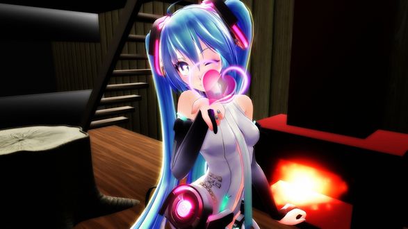 Обои на рабочий стол Vocaloid Miku Hatsune / Вокалоид Мику Хатсуне в наушниках и с розовым сердечком