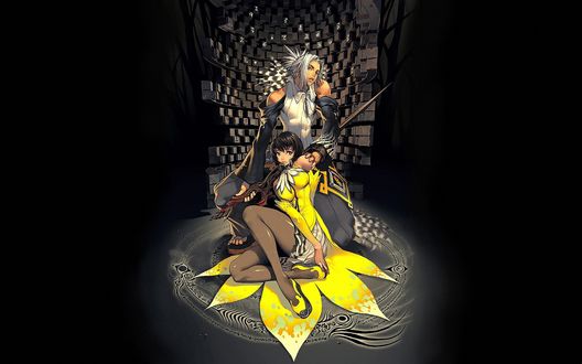 Обои на рабочий стол Компьютерная игра Magna Carta: Tears of Blood, девушка Риф / Reith / сидит у ног трансвестита по имени Калинтц / Calintz/