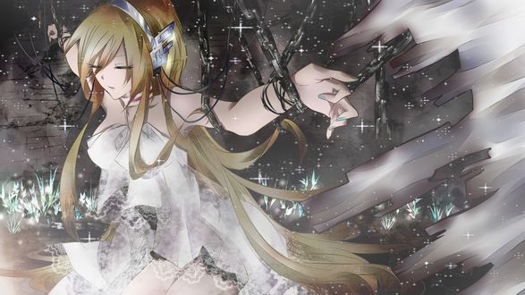 Обои на рабочий стол Вокалоид Лили / Vocaloid Lily в кандалах и наушниках