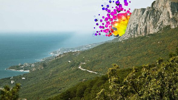 Обои на рабочий стол Разноцветные абстрактные кубики летят из-за горы