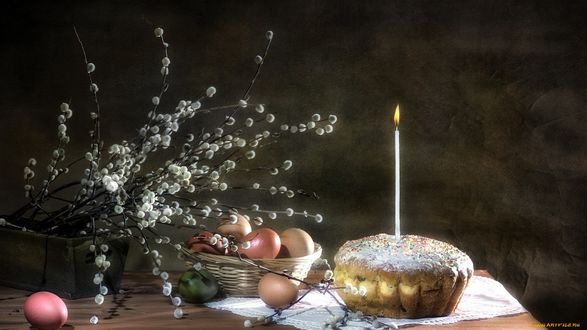 Обои на рабочий стол Праздник Пасхи, кеск со свечкой, яйца
