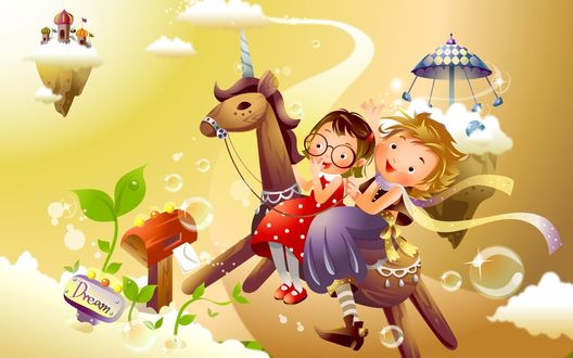 Обои на рабочий стол Две девочки на лошади (Dream / Мечты)