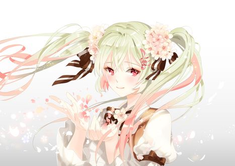 Обои на рабочий стол Vocaloid Hatsune Miku / Вокалоид Хатсунэ Мику с цветками сакуры в волосах, art by platina77
