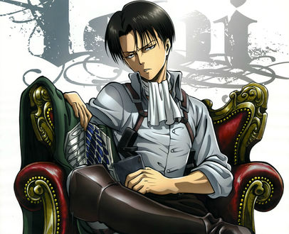 Обои на рабочий стол Капрал Леви / Levi Ackerman сидит в кресле из аниме Атака Титана / Attack on Titan / Shingeki no Kyojin