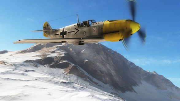 Обои на рабочий стол Мессершмитт Bf-109 пролетает горы
