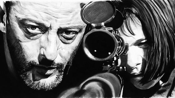 Обои на рабочий стол Жан Рено и Натали Портман в фильме Леон: Профессионал / Leon, The Professional/