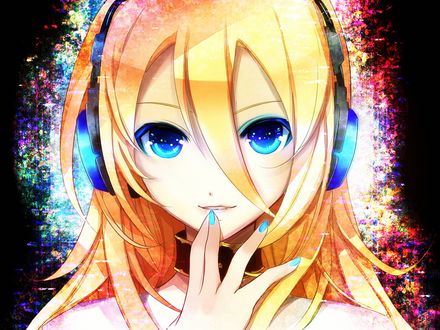 Обои на рабочий стол Vocaloid : Девушка с голубыми глазами, в наушниках на голове, в разноцветном сияющем ореоле вокруг