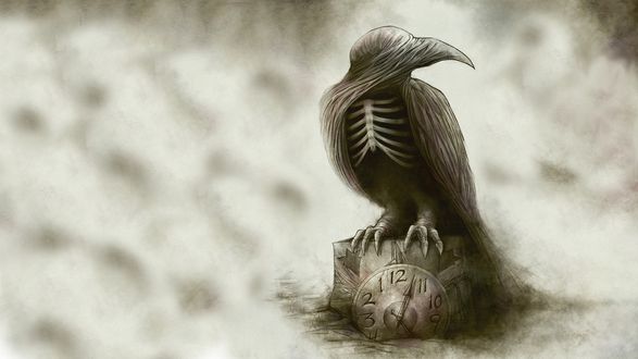 Обои на рабочий стол Ворон с открытым скелетом, с тканью на голове, сидит на часах с циферблатом, до половины погруженных в землю