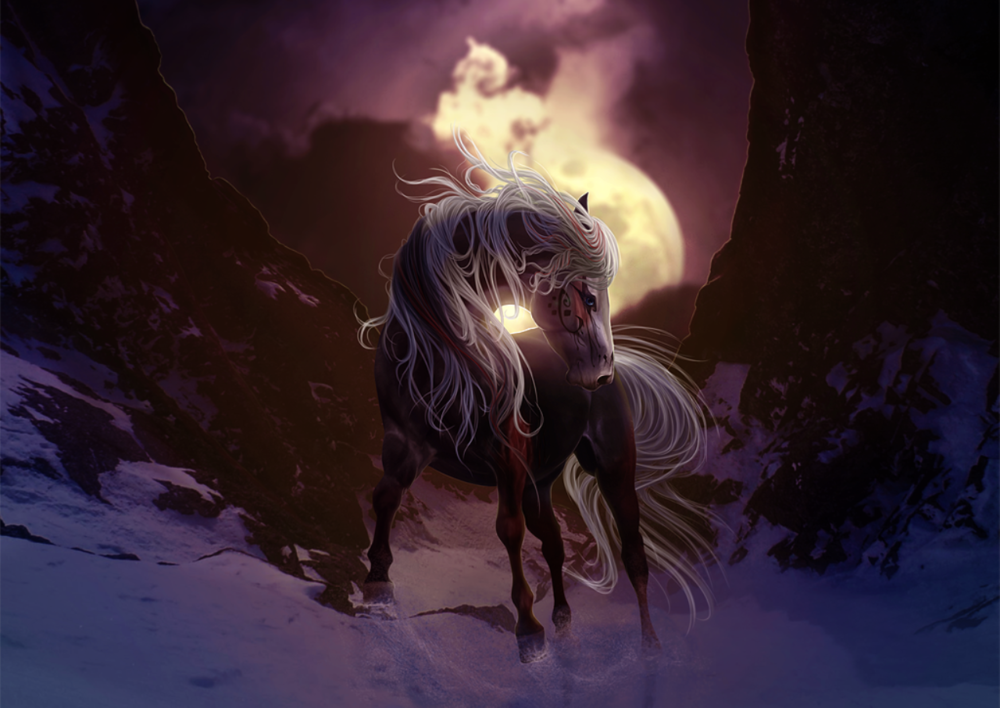 Обои для рабочего стола Лошадь стоит на фоне полной луны, by Esveeka