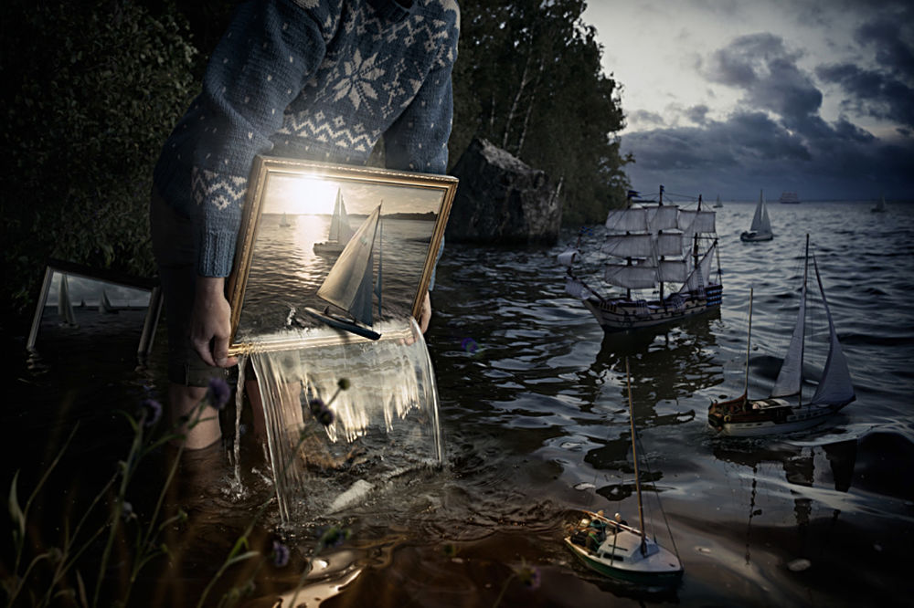 Обои для рабочего стола Мальчик отпускает корабли из книги, Erik Johansson