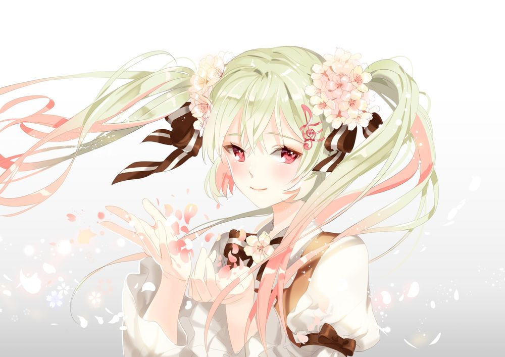 Обои для рабочего стола Vocaloid Hatsune Miku / Вокалоид Хатсунэ Мику с цветками сакуры в волосах, art by platina77