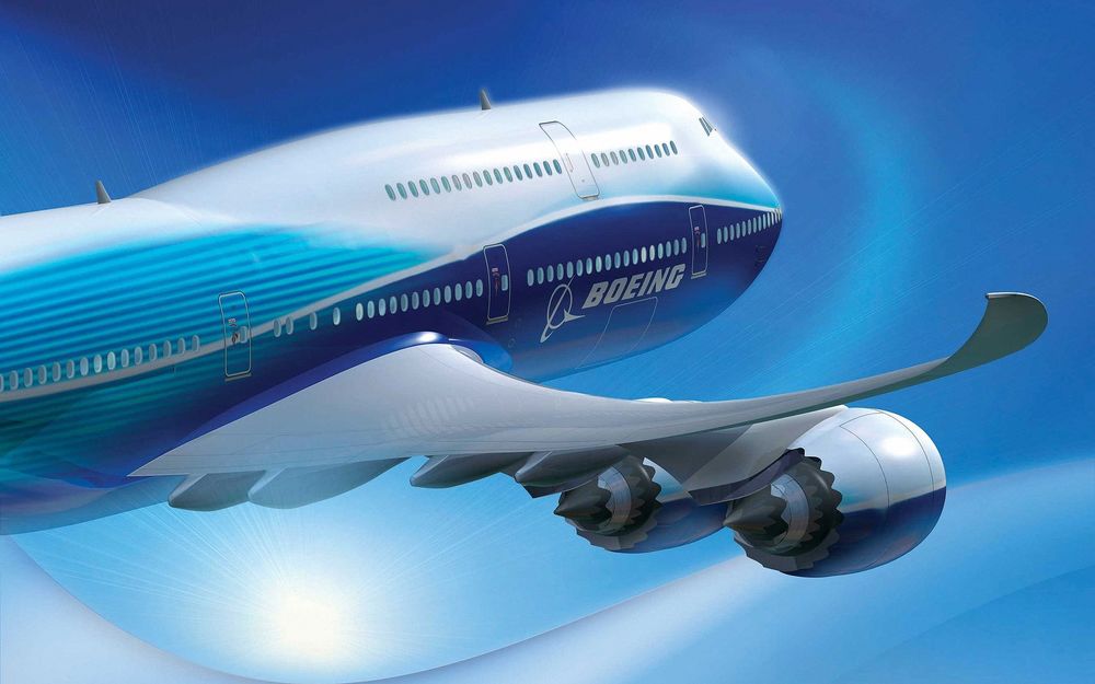 Обои для рабочего стола Большой аэробус BOEING, летящий в голубом небе