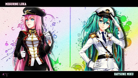 Обои на рабочий стол Vocaloid Hatsune Miku / Вокалоид Хатсуне Мику и Мегурин Люка / Megurine Luka в парадной военной форме