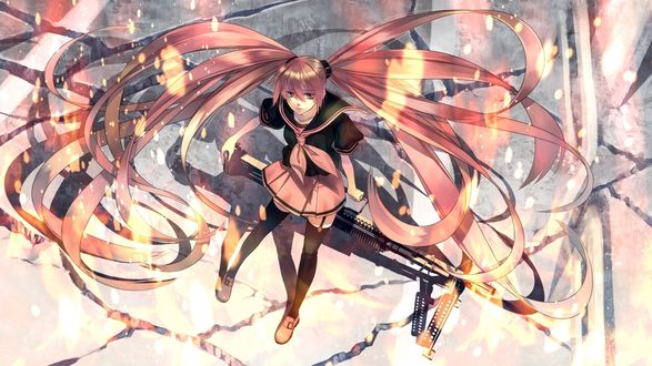Обои на рабочий стол Vocaloid Hatsune Miku / Вокалоид Хатсуне Мику в матроске и чулках с пулеметом