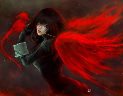 Обои на рабочий стол У крылатой девушки на руке сидит красная птица, art by NanFe