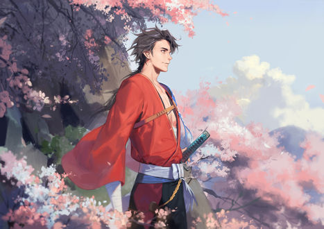 Обои на рабочий стол Mutsunokami Yoshiyuki / Муцуноками Ешиюки из игры Touken Ranbu