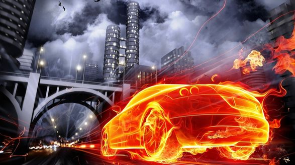 Обои на рабочий стол Огненное легковое авто, объятое пламенем, мчится по трассе