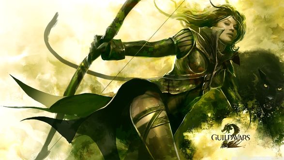 Обои на рабочий стол Девушка лучник и черный монстр из игры Guild wars 2