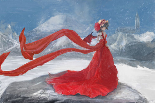 Обои на рабочий стол Remilia Scarlet / Ремилия Скарлет в красном платье со шлейфом среди снега и льда из игры Проект Восток / Touhou Project, by MagiCian