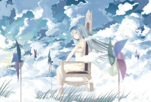 Обои на рабочий стол Vocaloid Hatsune Miku / Вокалоид Хатсуне Мику сидит в кресле на фоне неба, вокруг вертушки