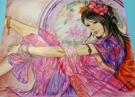 Обои на рабочий стол Девушка с цветами в волосах, by Jenny-artascending