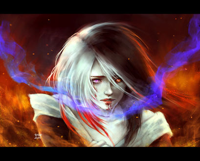 Обои на рабочий стол Позади девушки горит огонь, art by NanFe