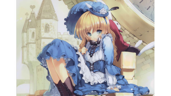 Обои на рабочий стол Alice in Wonderland, художник Ueda Ryo, Алиса в шляпке с зонтиком и белый кролик сидят на башне с часами