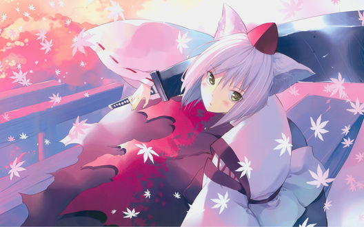 Обои на рабочий стол Momiji Inubashiri из игры touhou, художник Ueda Ryo, девочка с ушками в шапочке, держит большой меч