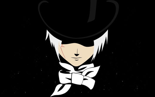 Обои на рабочий стол Аллен Уолкер / Allen Walker из аниме Ди Грей - Мен / D. Gray-man с белой бабочкой на шее, в черном цилиндре на голове