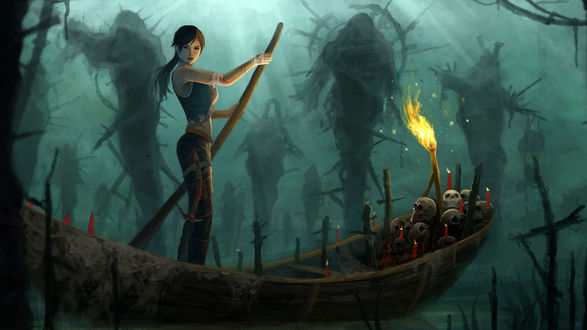 Обои на рабочий стол Lara Croft плывет на каноэ с кучей черепов на носу с горящими свечами, горящим факелом, между фантастических фигур