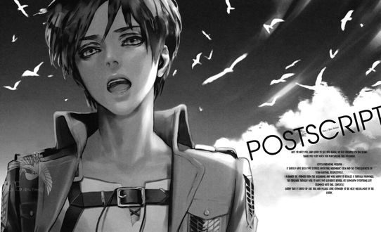 Обои на рабочий стол Атака Титана / Attack on Titan / Shingeki no Kyojin, художник Hajime Isayama, Eren Yeager на фоне неба с летящими птицами