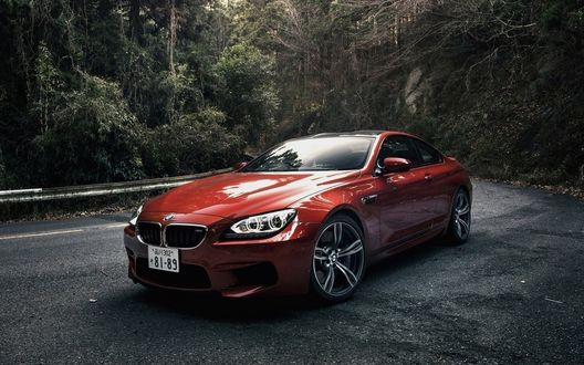 Обои на рабочий стол Красный BMW M6 на горной дороге в лесу
