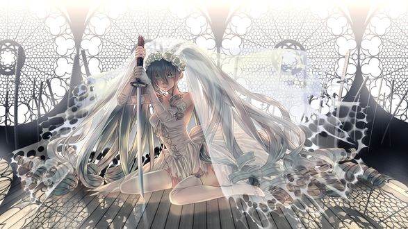 Обои на рабочий стол Vocaloid Hatsune Miku / Вокалоид Хатсуне Мику сидит на полу в свадебном наряде с катаной на фоне витражей
