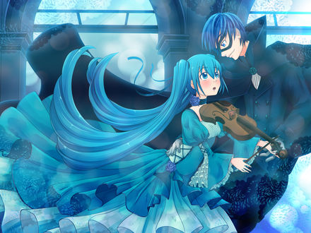 Обои на рабочий стол Vocaloid Hatsune Miku / Вокалоид Хатсуне Мику со скрипкой и Kaito в плаще