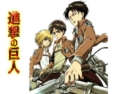 Обои на рабочий стол Атака Титана / Attack on Titan / Shingeki no Kyojin, художник Hajime Isayama, Levi Ackerman, Eren Yeager и Armin Arlert с оружием на белом фоне