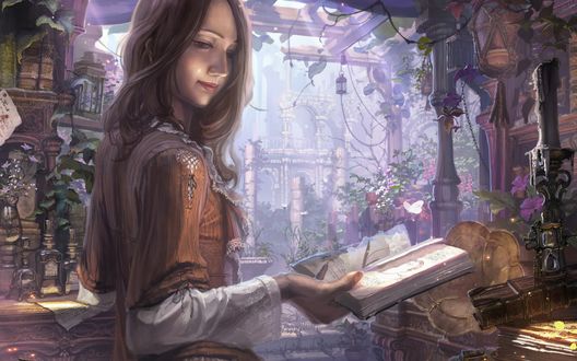 Обои на рабочий стол Девушка стоящая в саду открыла перед собой книгу, в которой лежит сухой цветок, над ним летает белая бабочка