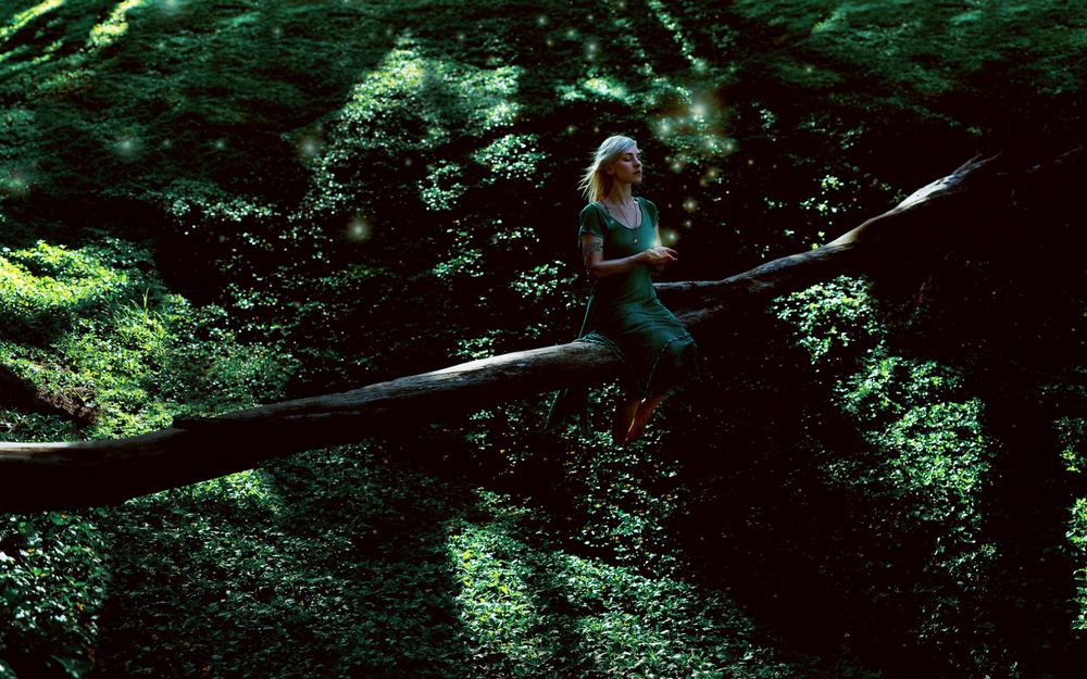 Обои для рабочего стола Девушка сидящая на ветке дерева, над зелеными кустарниками, выпускает из рук светлячков
