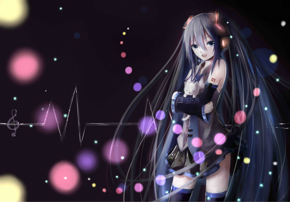Обои для рабочего стола Vocaloid Hatsune Miku / Вокалоид Хатсунэ Мику на темном фоне с разноцветными огоньками и нотными знаками