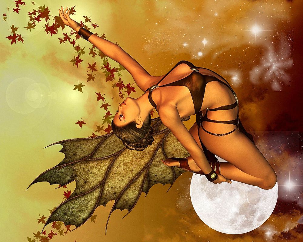 Обои для рабочего стола Девушка фея выгнувшись на фоне неба с полной Луной, заставляет двигаться желтые и красные осенние листья